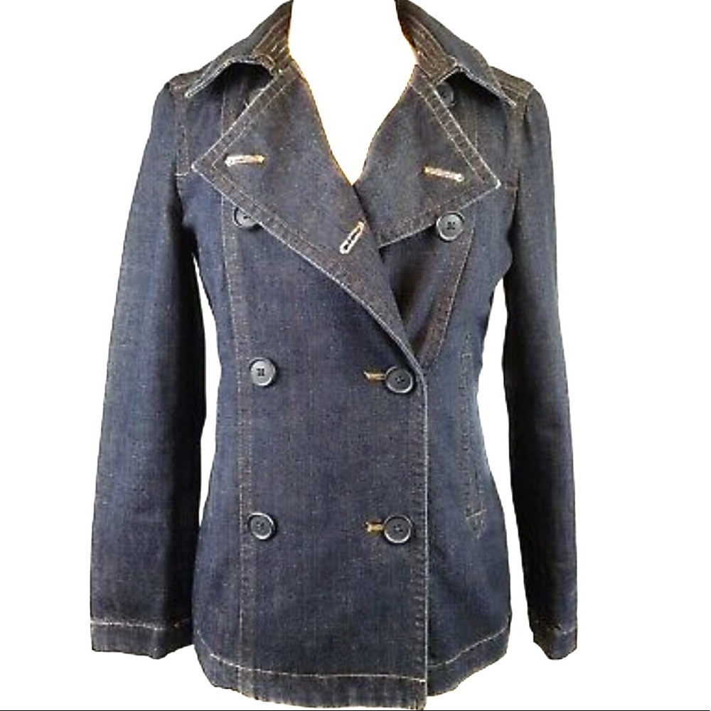GAP Double Breasted Denim Peacoat Jacket Dark Blue Wash Button Down Front‎